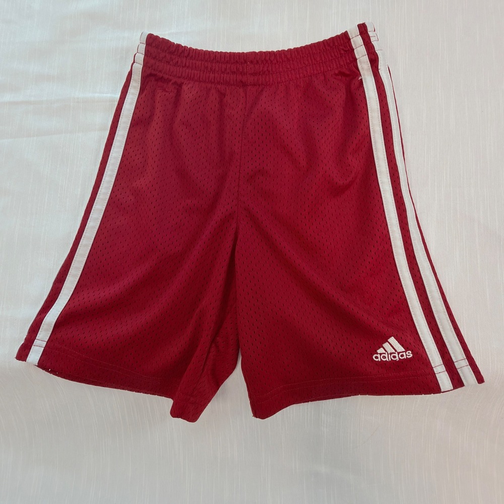 Adidas Mesh Shorts Kids Size 4 Red Excellent 3-Stripe Athletic Gym Activewear